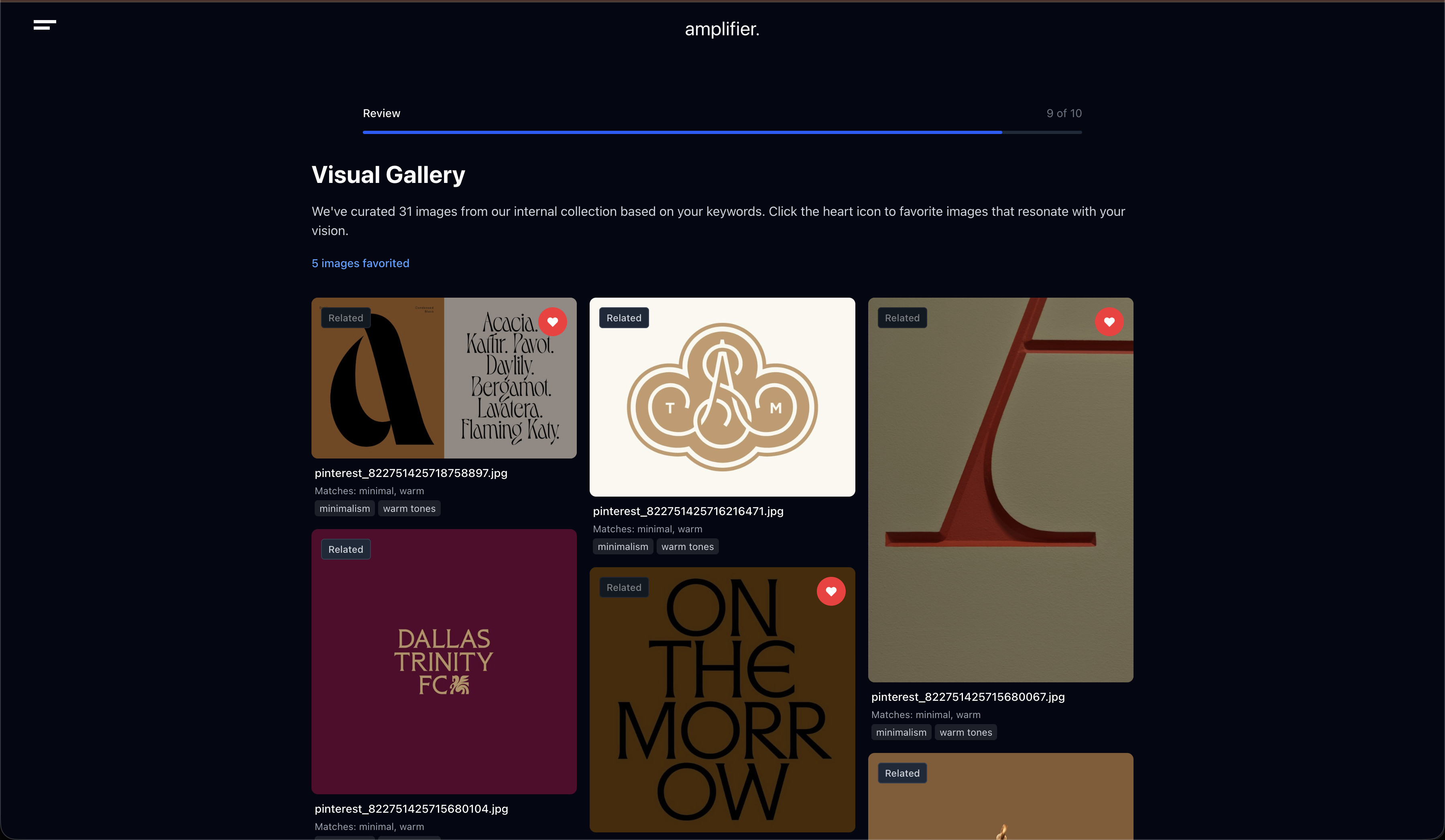 AI-curated visual gallery showing matched reference images scored by keyword relevance