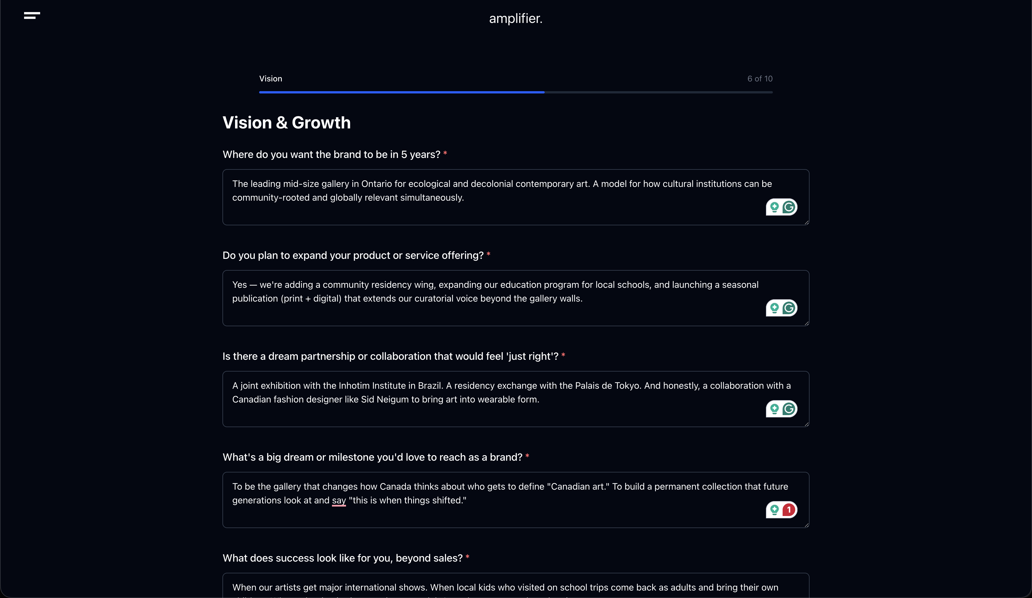 Client-facing brand questionnaire with step indicator and progress tracking