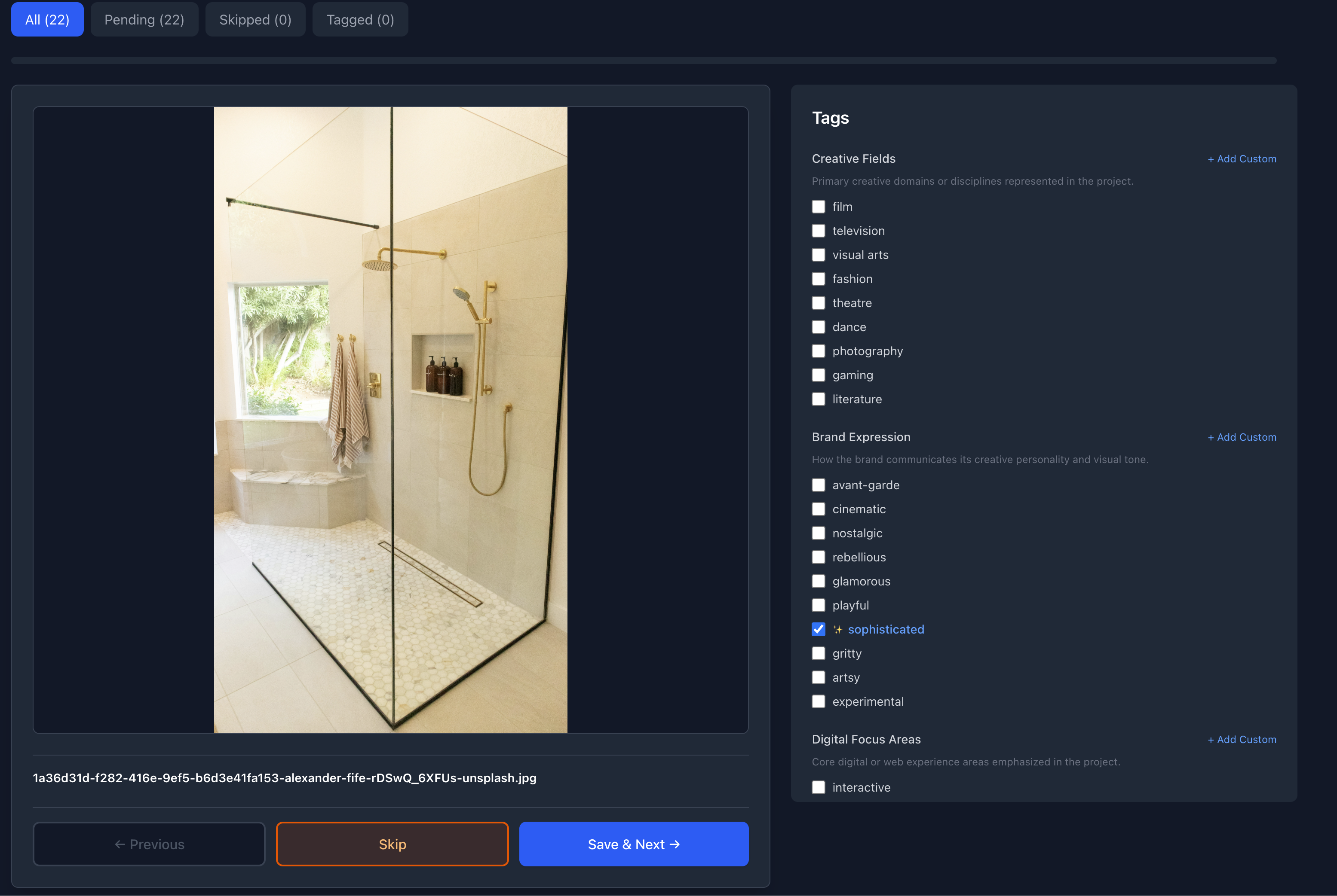 AI tagging interface — image preview with tag categories and AI-suggested tags