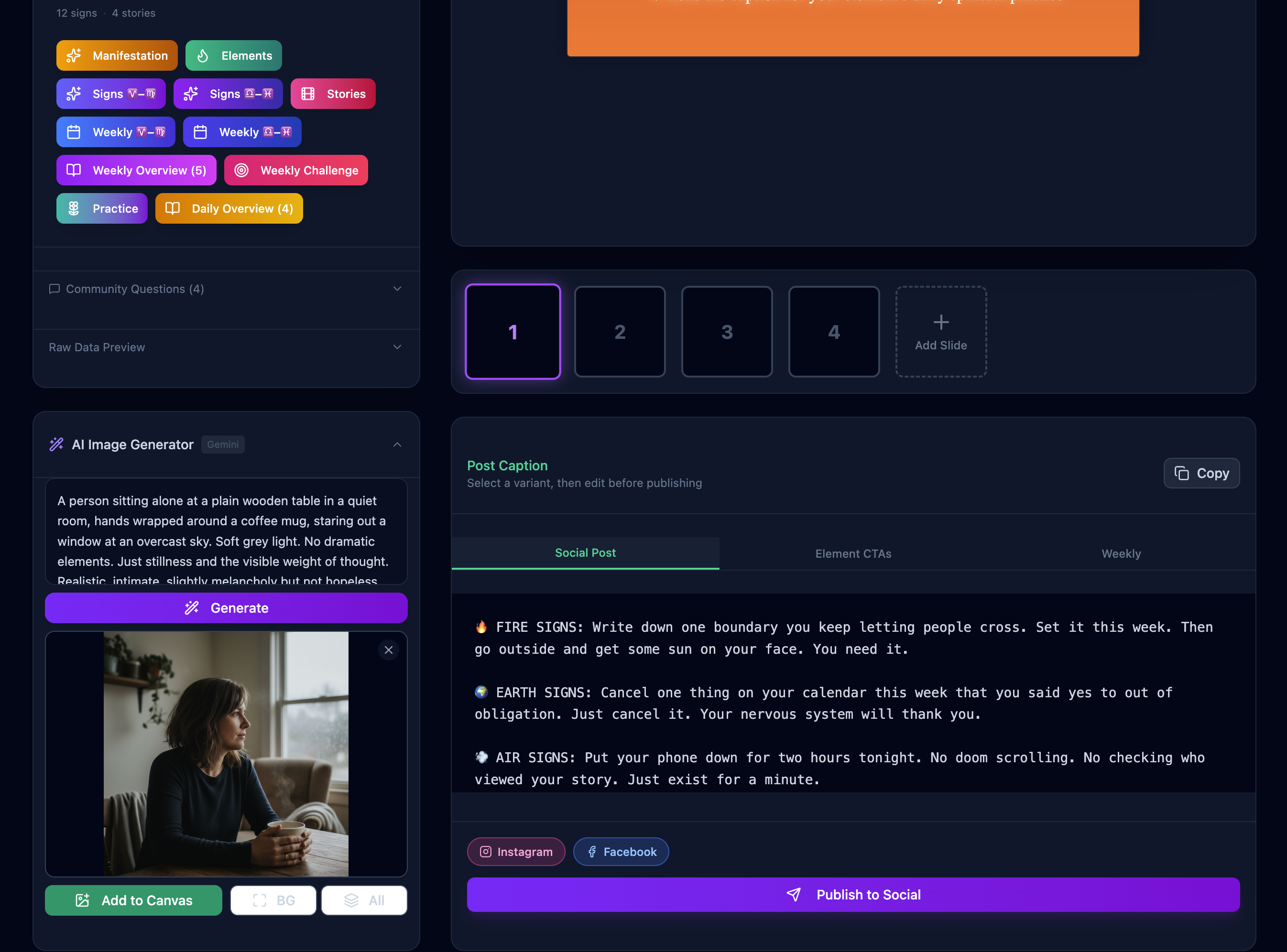 Editor detail — content generator buttons, AI image generator with Gemini, caption editor with social/element/weekly variants, and publish button