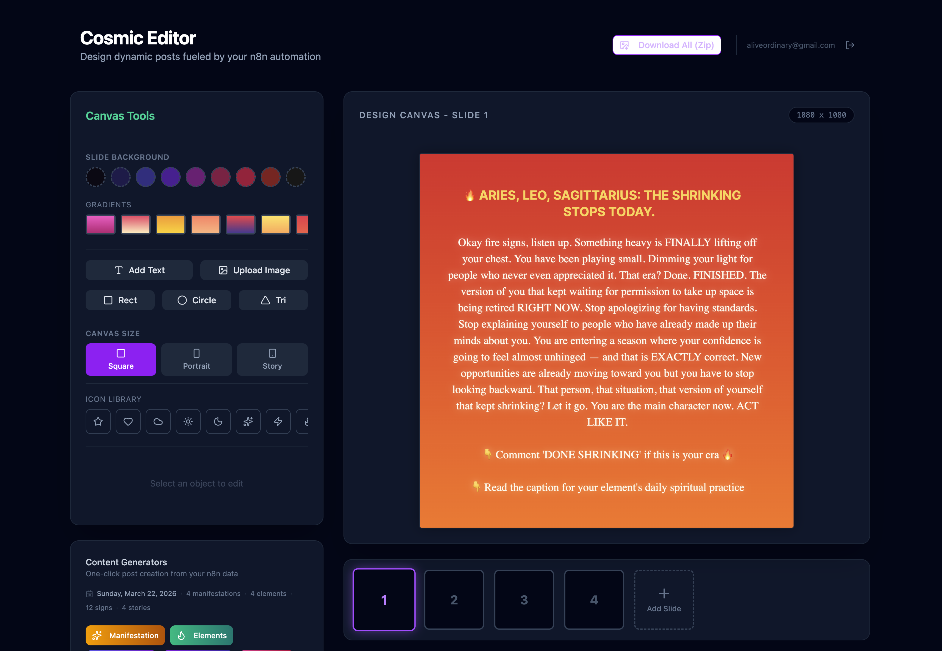 Cosmic Editor desktop view — canvas tools panel, design canvas with fire element carousel, slide tray, and content generators