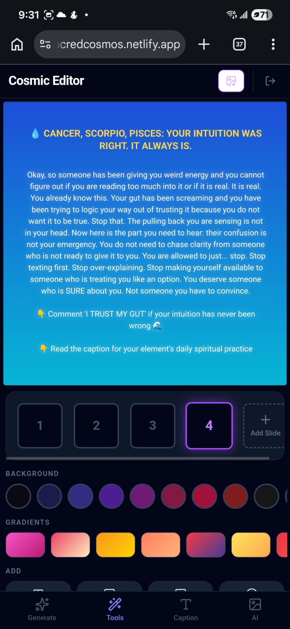 Mobile caption tab — caption editor with Instagram and Facebook publish
